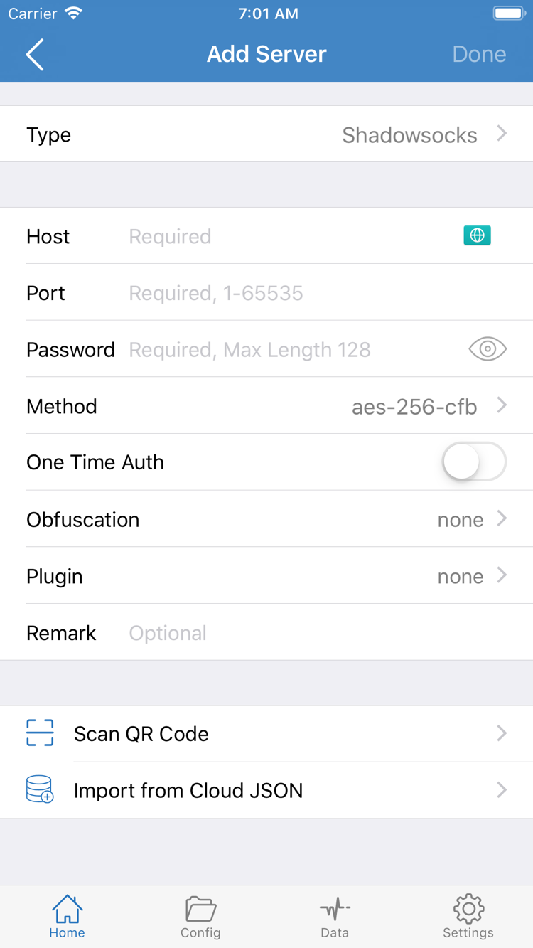 Shadowrocket Add Server 頁面，顯示 Type、Host、Port、Password、Method，以及掃描與匯入入口