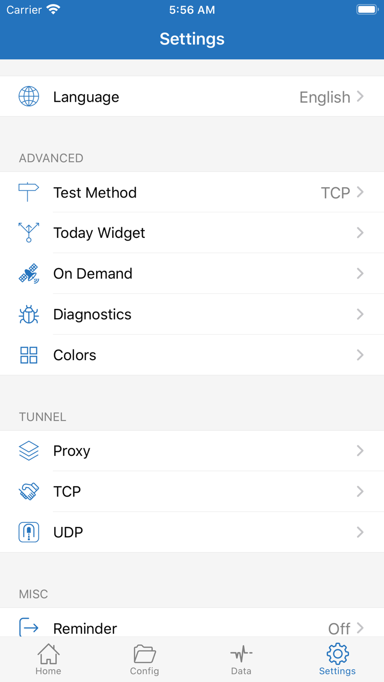 Shadowrocket Settings 頁面，顯示 Language、Test Method、Today Widget、On Demand、Diagnostics、Proxy、TCP 與 UDP 設定項目